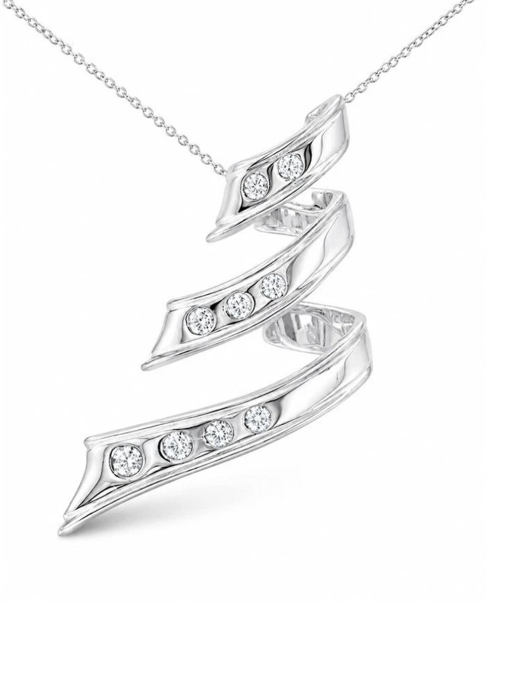Genuine 0.23 Cts Diamonds Swirl Ribbon 14k White Gold Pendant